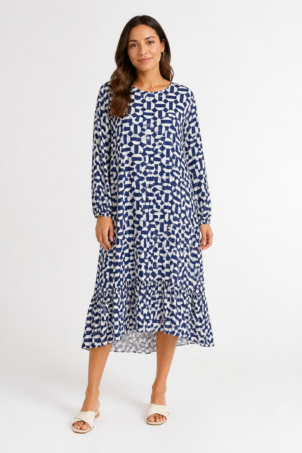 Blue White Geometric Print Long-Sleeve Dress | Pre-Loved | Why Go Less