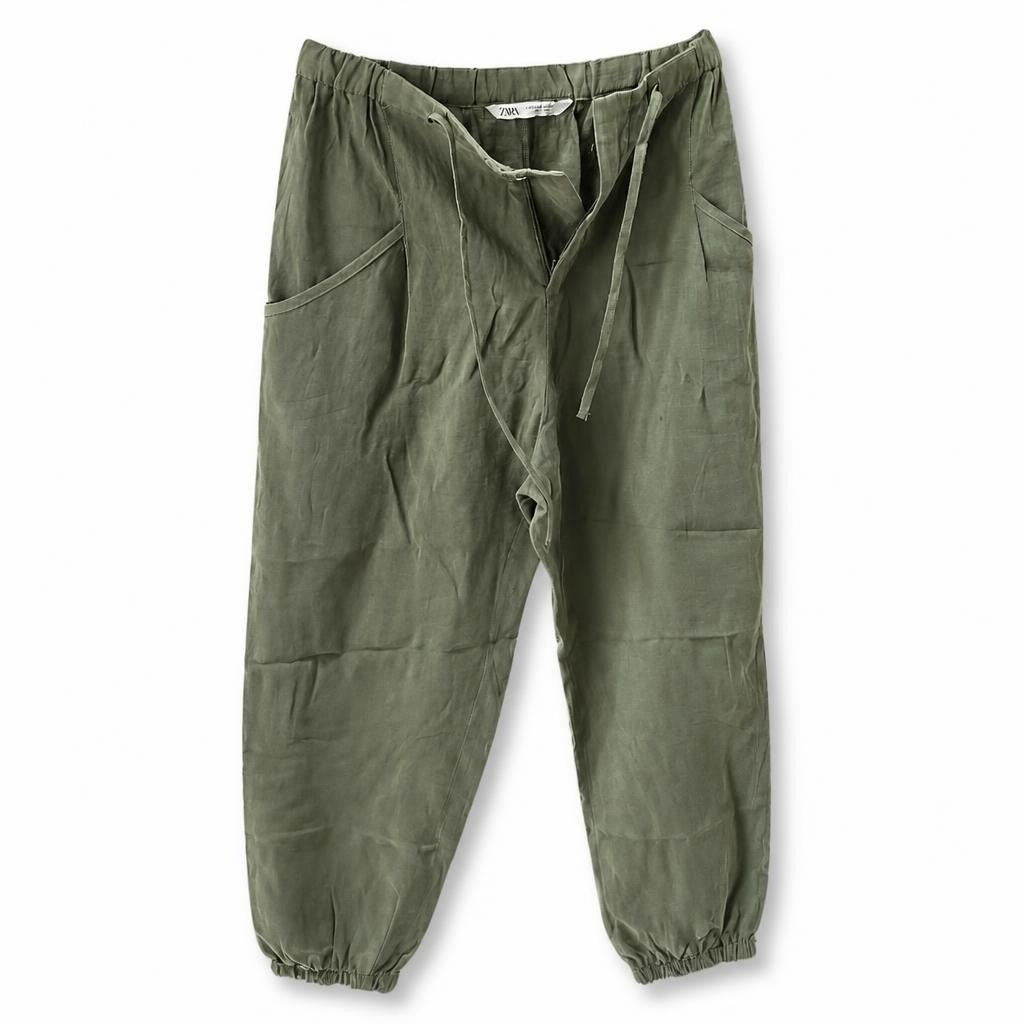 Zara olive green cargo jogger pants - white studio shot, second-hand at Why Go Less, Dekwaneh, Lebanon
