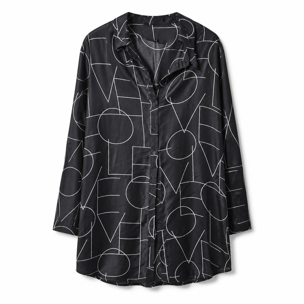 Black white letter print button-down shirt dress - white studio shot, second-hand at Why Go Less, Dekwaneh, Lebanon