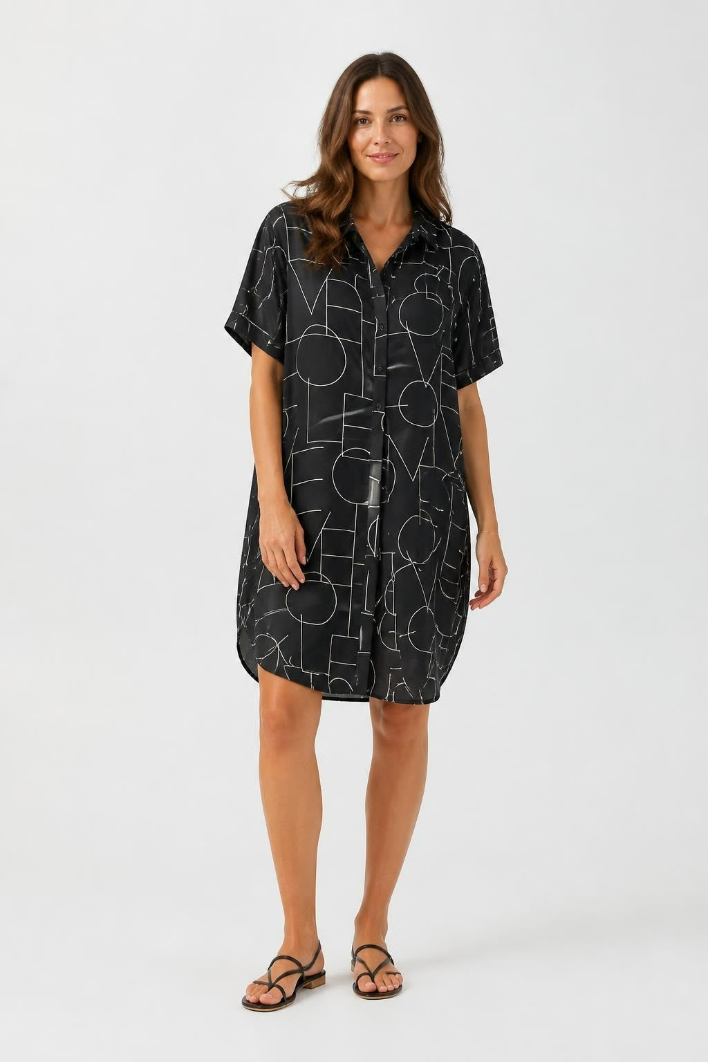 Black White Letter Print Button-Down Shirt Dress | Pre-Loved | Why Go Less