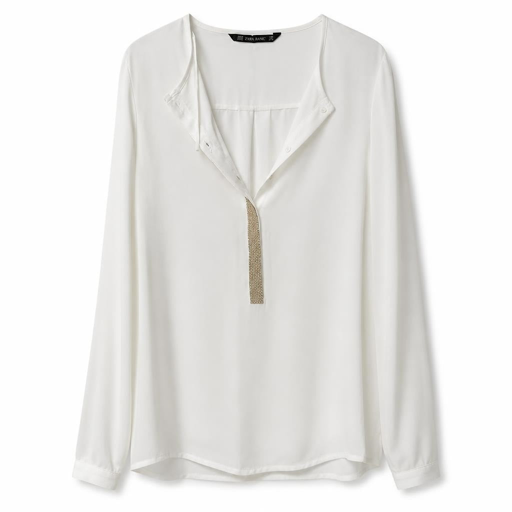 Zara Basic white long-sleeve blouse with chain detail - white studio shot, second-hand at Why Go Less, Dekwaneh, Lebanon