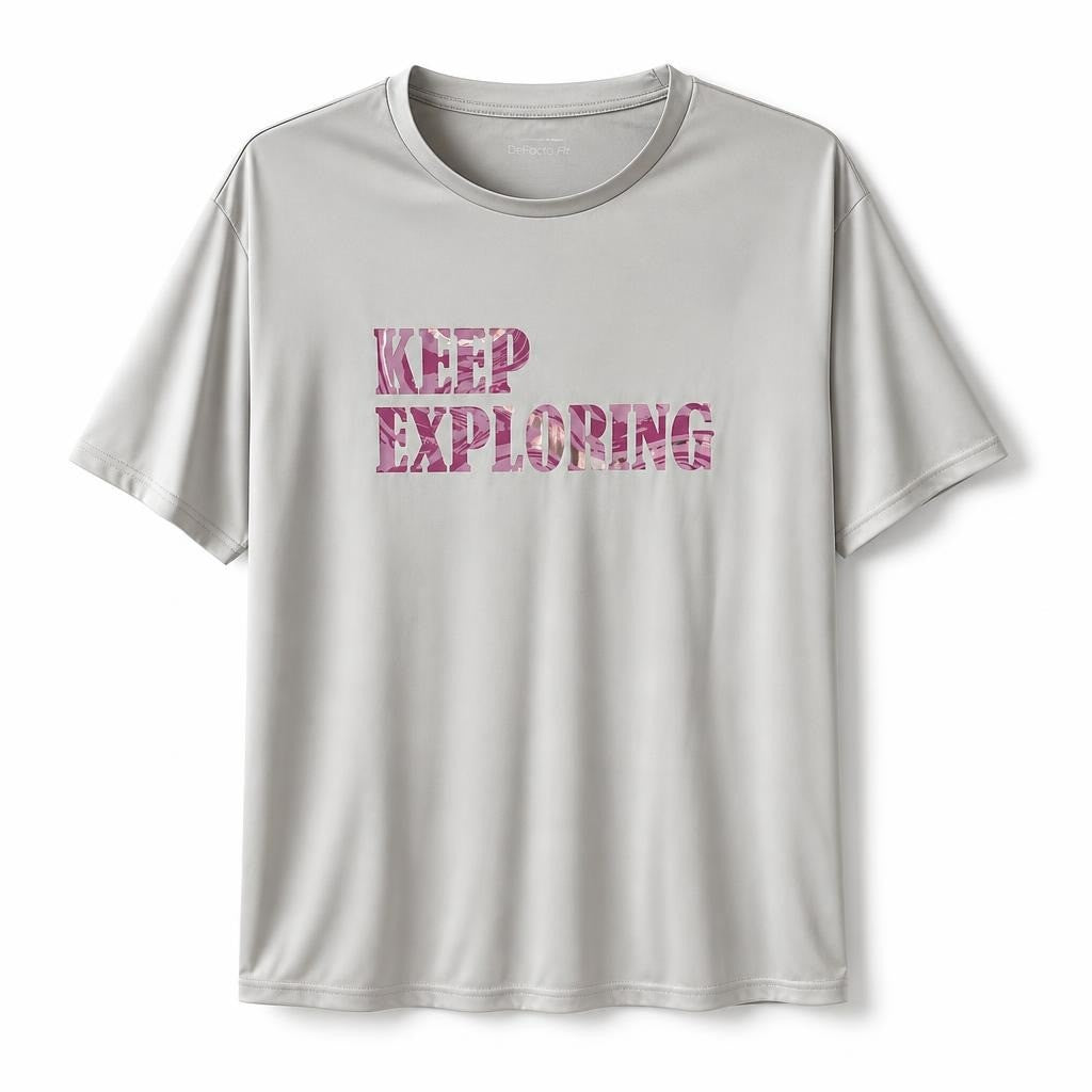 DeFacto Fit grey graphic tee Keep Exploring - white studio shot, second-hand at Why Go Less, Dekwaneh, Lebanon
