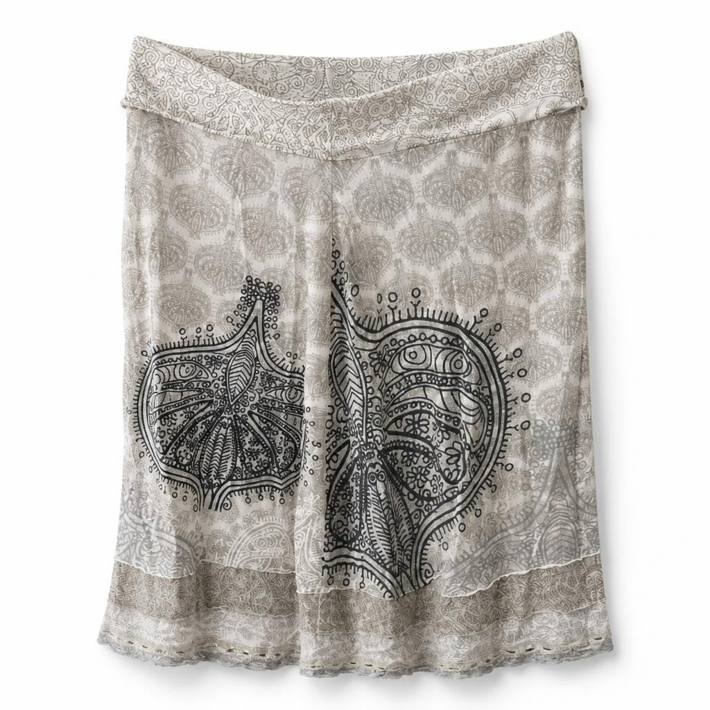 White paisley print midi skirt with lace hem - white studio shot, second-hand at Why Go Less, Dekwaneh, Lebanon