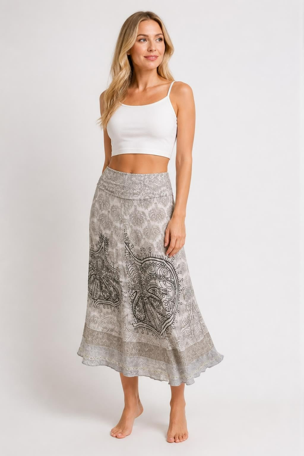 White Paisley Print Midi Skirt With Lace Hem | Pre-Loved | Why Go Less
