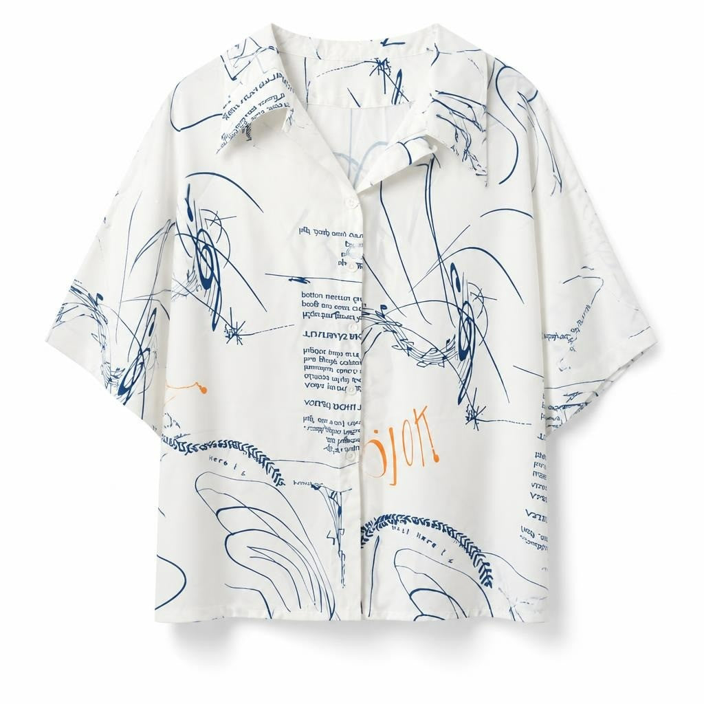 White abstract print button-up shirt blue orange - white studio shot, second-hand at Why Go Less, Dekwaneh, Lebanon