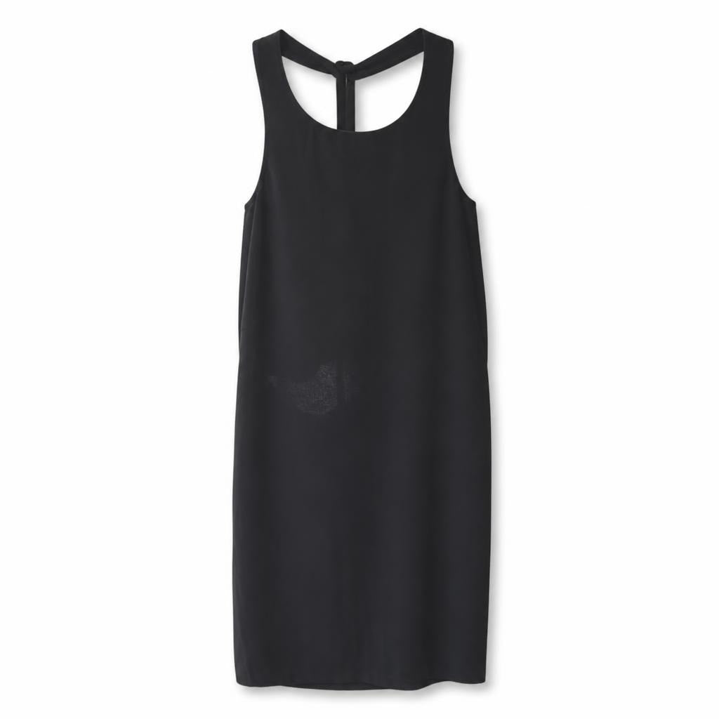 Black sleeveless midi dress with subtle logo - white studio shot, second-hand at Why Go Less, Dekwaneh, Lebanon