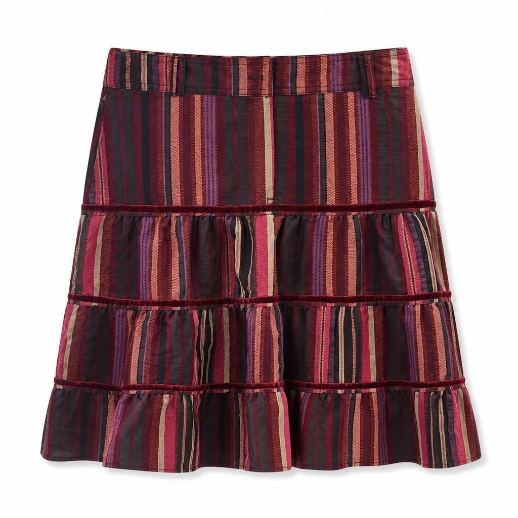 Burgundy striped tiered ruffle midi skirt - white studio shot, second-hand at Why Go Less, Dekwaneh, Lebanon