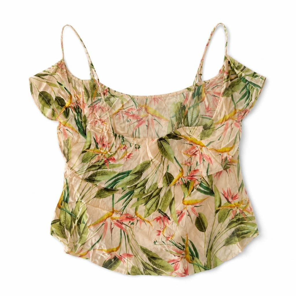 Zara Basic floral tropical ruffle crop top - white studio shot, second-hand at Why Go Less, Dekwaneh, Lebanon