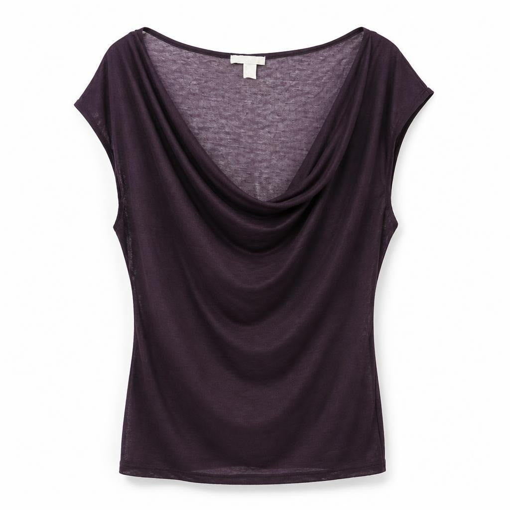 Dark purple cowl neck short sleeve top - white studio shot, second-hand at Why Go Less, Dekwaneh, Lebanon
