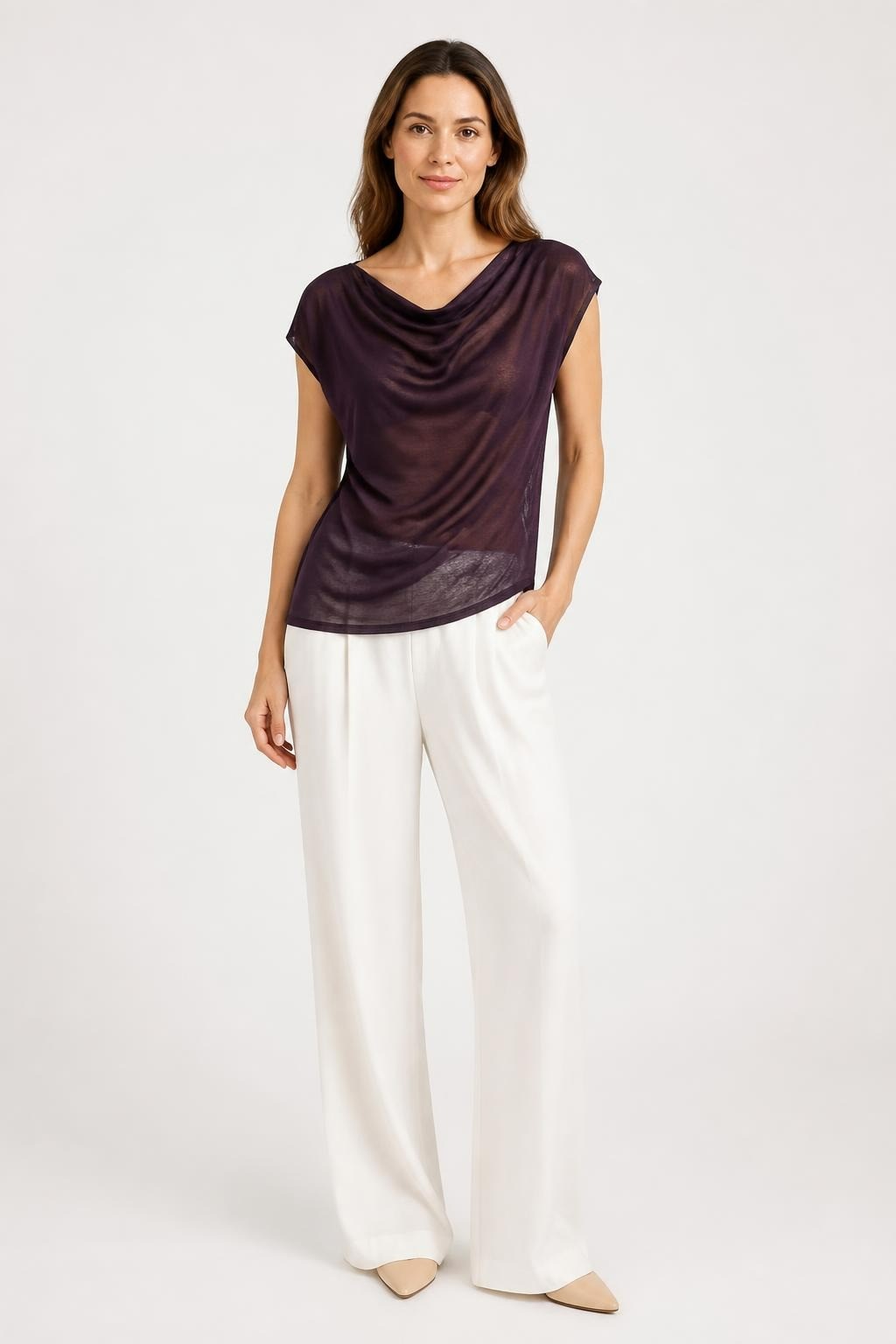 Dark Purple Cowl Neck Short Sleeve Top | Pre-Loved | Why Go Less
