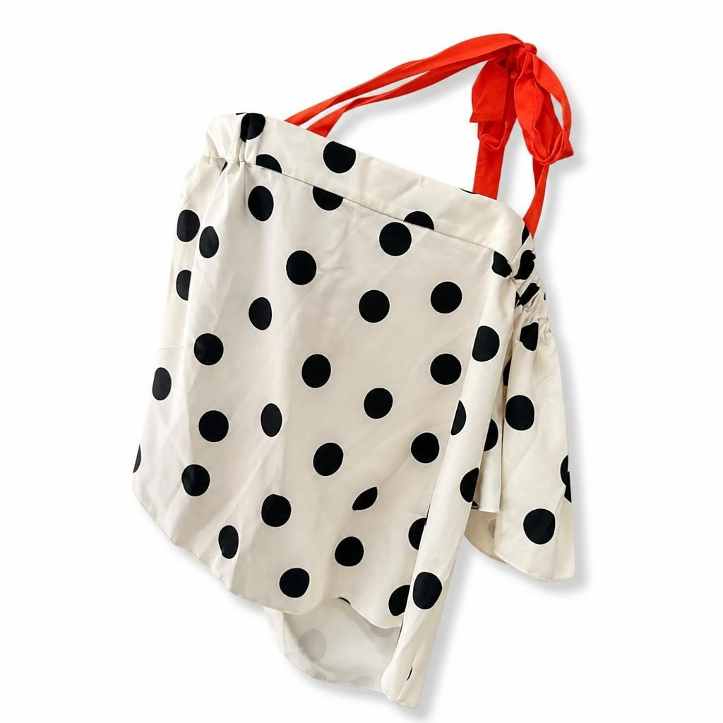 White & black polka dot top with red ties - white studio shot, second-hand at Why Go Less, Dekwaneh, Lebanon