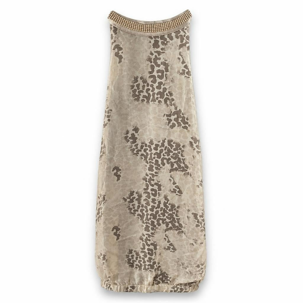 Beige leopard mesh top with rhinestone collar - white studio shot, second-hand at Why Go Less, Dekwaneh, Lebanon
