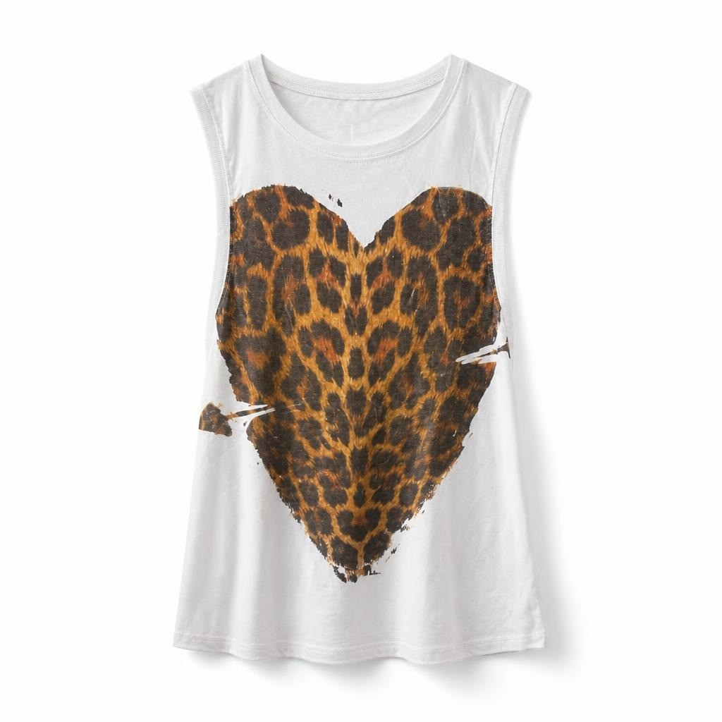 Topshop white sleeveless tee leopard heart print - white studio shot, second-hand at Why Go Less, Dekwaneh, Lebanon