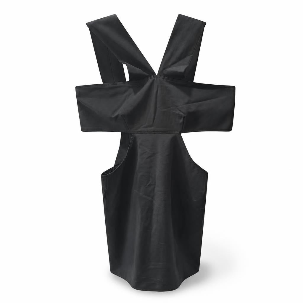Black faux leather structured dungaree dress - white studio shot, second-hand at Why Go Less, Dekwaneh, Lebanon