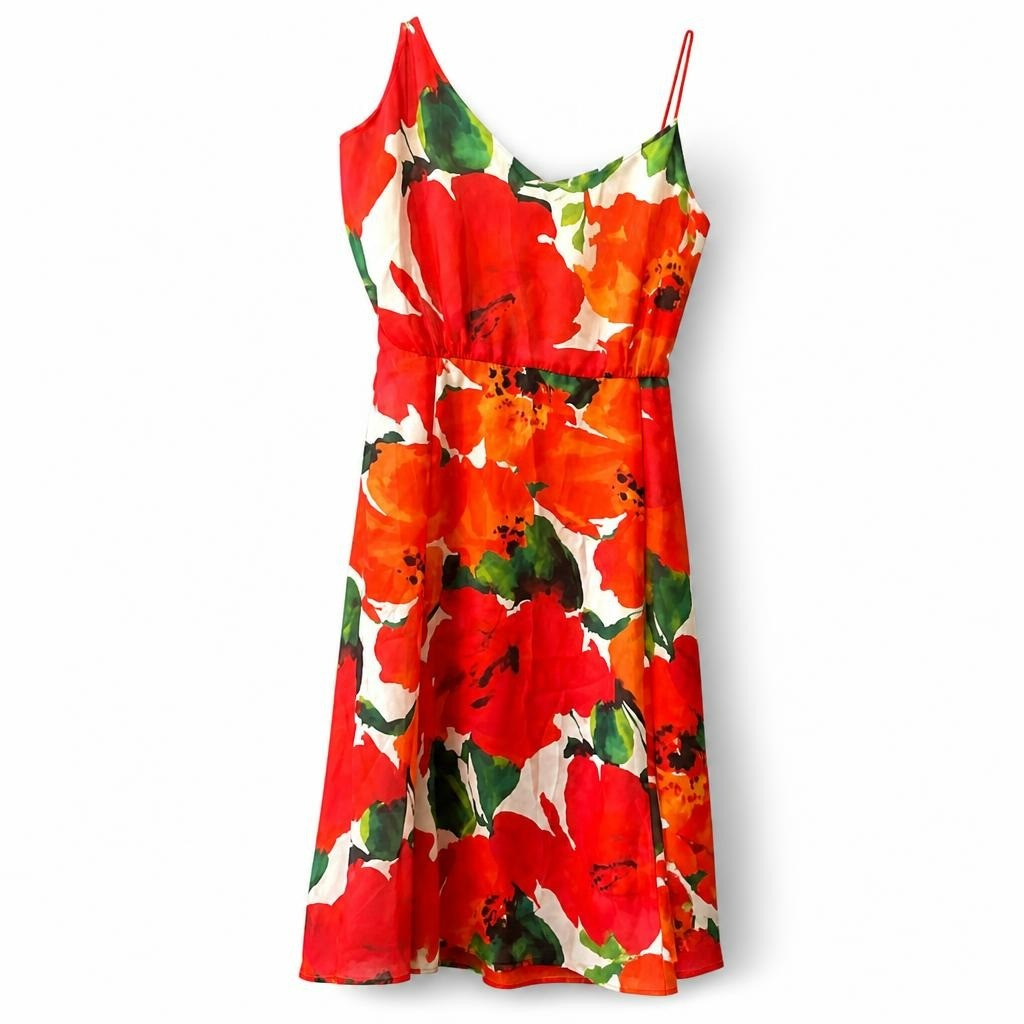 Floral red orange maxi dress, sleeveless - white studio shot, second-hand at Why Go Less, Dekwaneh, Lebanon