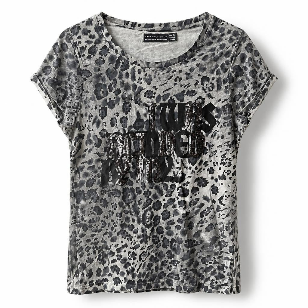 Zara Collection grey leopard sequin tee - white studio shot, second-hand at Why Go Less, Dekwaneh, Lebanon