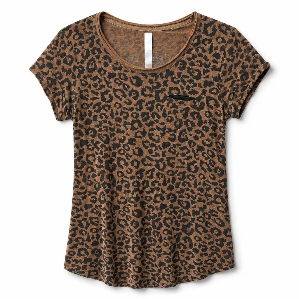 Brown cheetah print tee with chest pocket - white studio shot, second-hand at Why Go Less, Dekwaneh, Lebanon