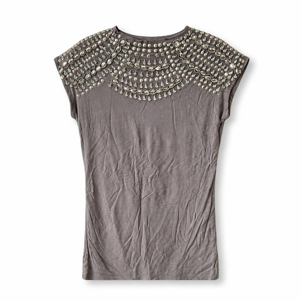 Grey embellished jewel neckline sleeveless top - white studio shot, second-hand at Why Go Less, Dekwaneh, Lebanon