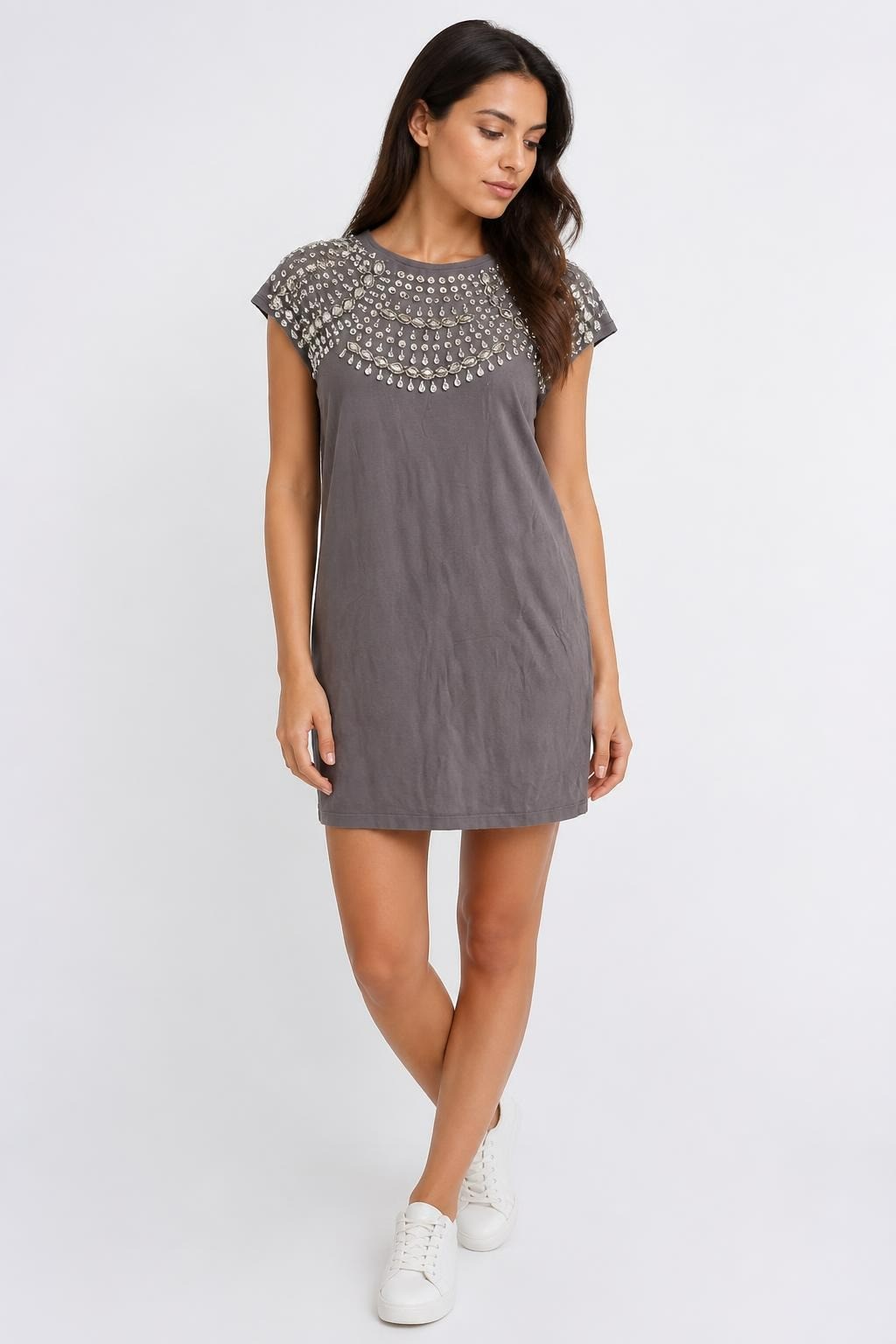 Grey Embellished Jewel Neckline Sleeveless Top | Pre-Loved | Why Go Less