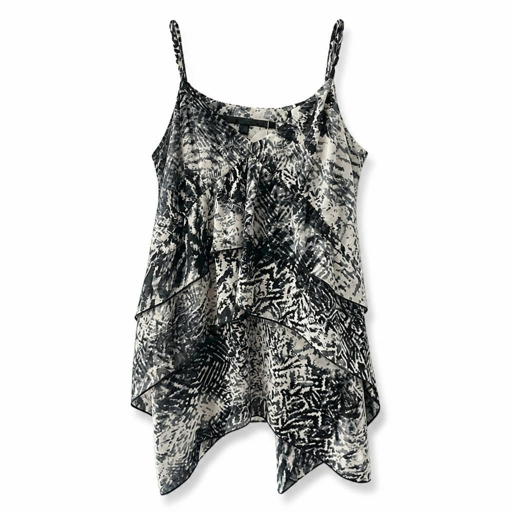 Black white abstract print layered cami top - white studio shot, second-hand at Why Go Less, Dekwaneh, Lebanon