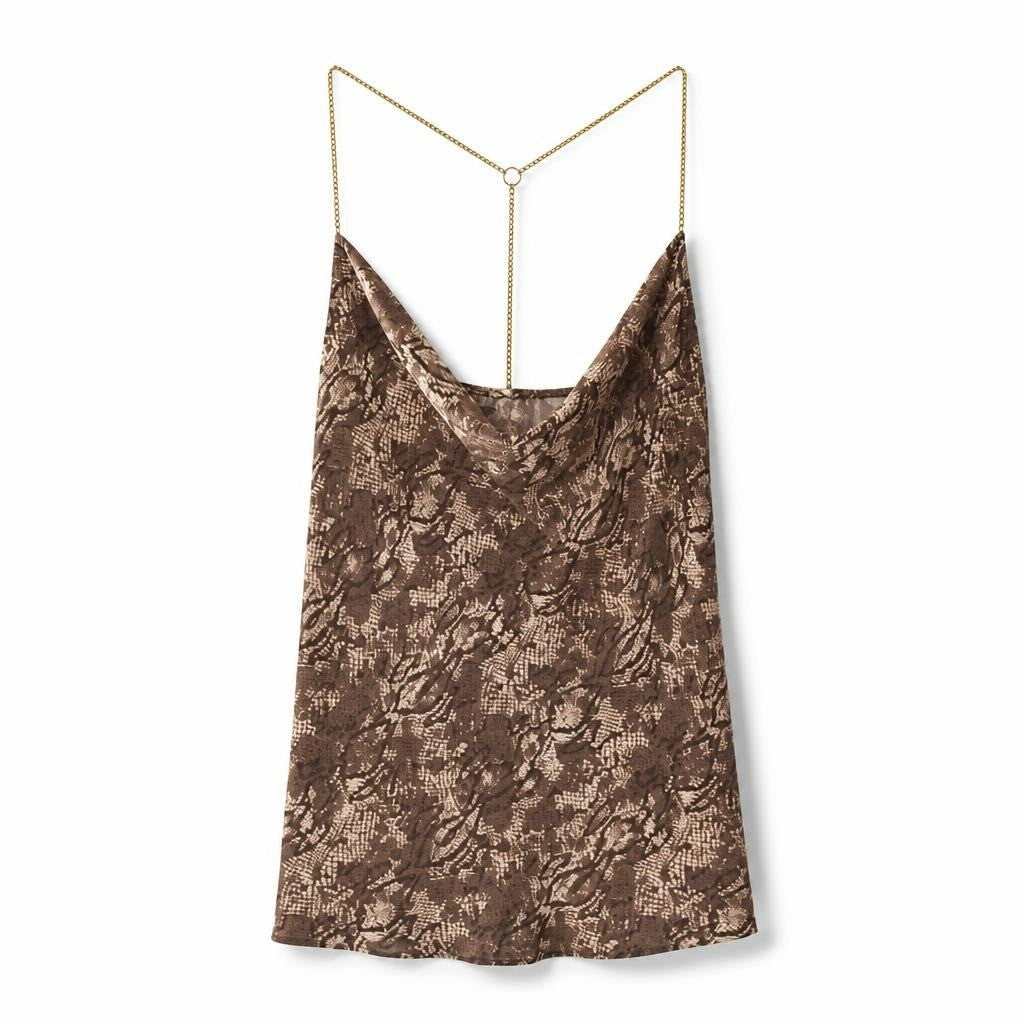 Brown snake print chain-strap cami top - white studio shot, second-hand at Why Go Less, Dekwaneh, Lebanon