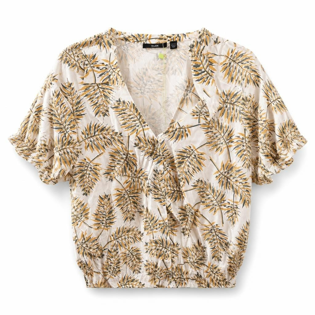 Beige tropical leaf print oversized blouse NWT - white studio shot, second-hand at Why Go Less, Dekwaneh, Lebanon