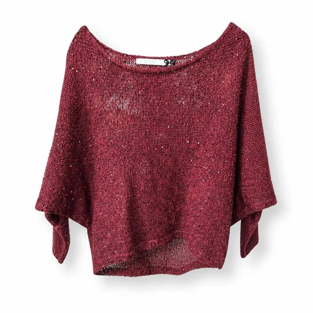 Stradivarius burgundy sparkle knit oversized sweater - white studio shot, second-hand at Why Go Less, Dekwaneh, Lebanon