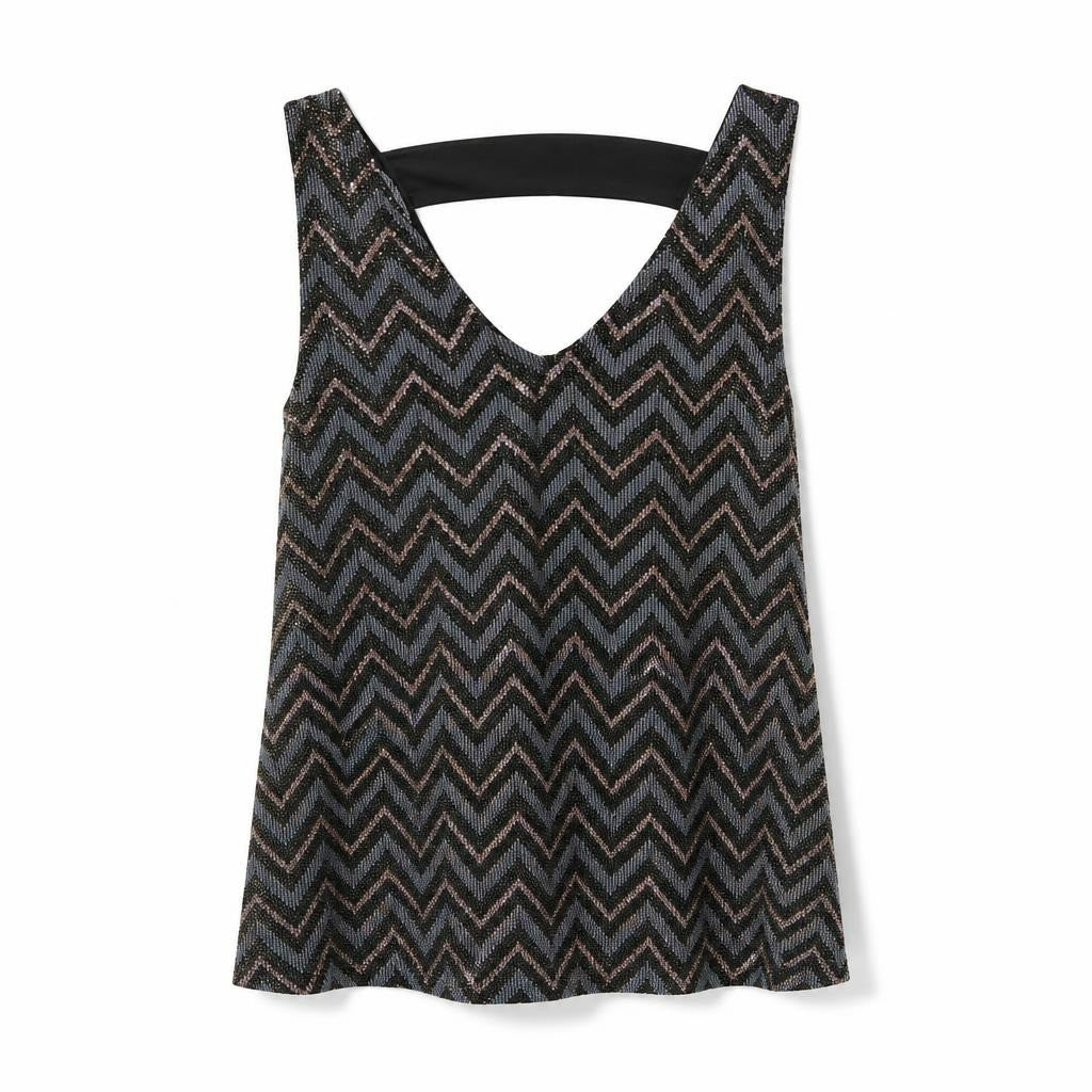 Black chevron metallic lurex sleeveless top - white studio shot, second-hand at Why Go Less, Dekwaneh, Lebanon