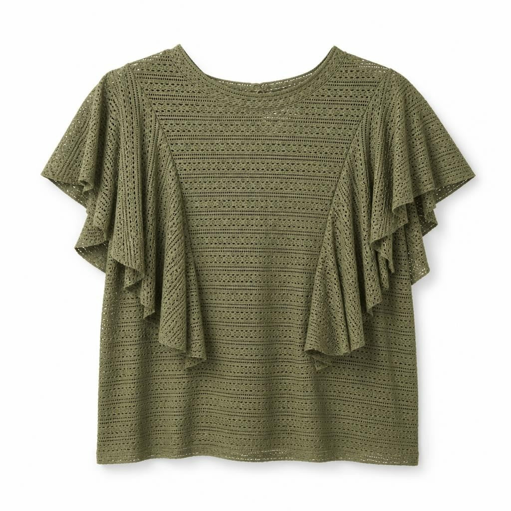 Olive green crochet ruffle sleeve knit top - white studio shot, second-hand at Why Go Less, Dekwaneh, Lebanon
