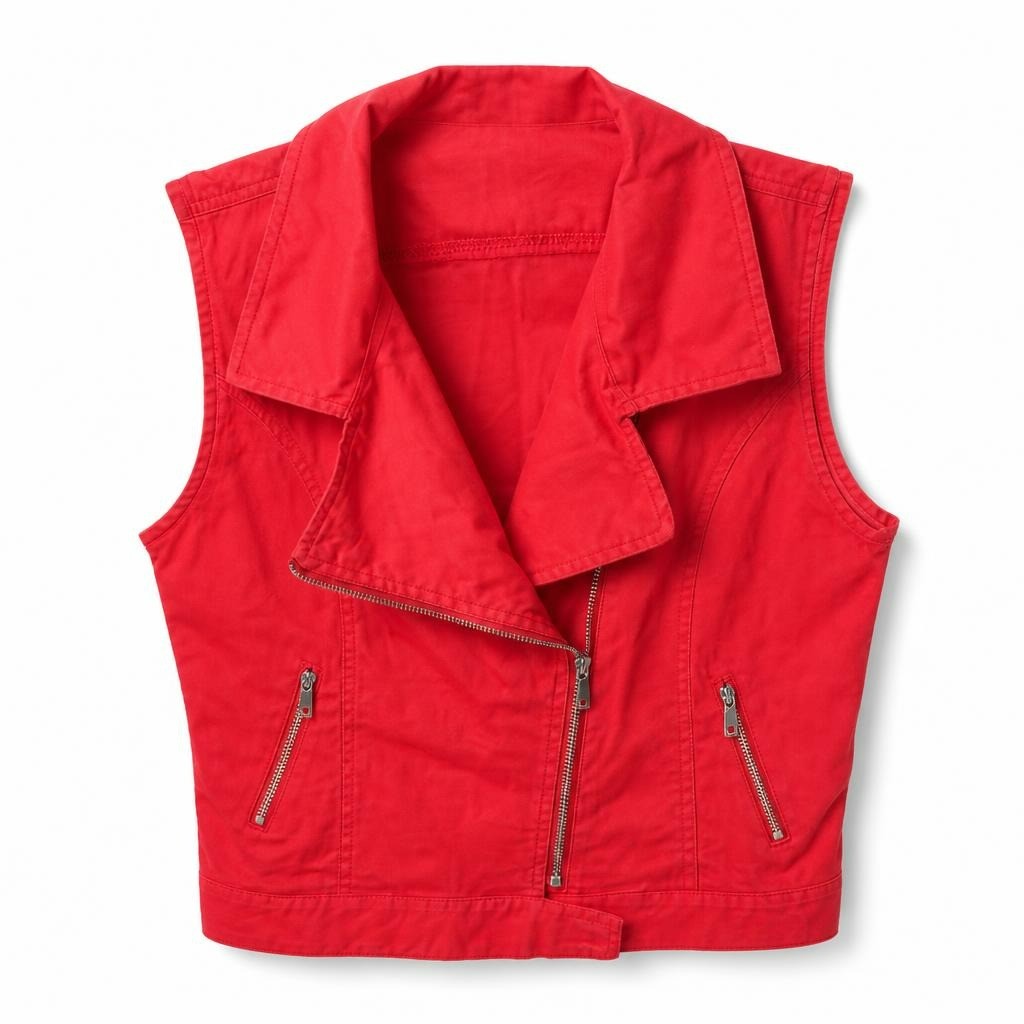 Red zip-up utility vest, silver zippers - white studio shot, second-hand at Why Go Less, Dekwaneh, Lebanon