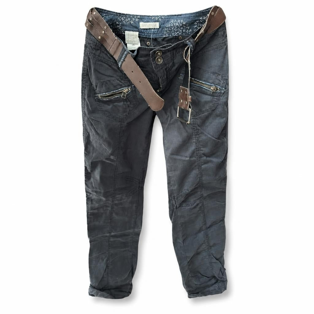 Promod dark navy cargo pants with belt - white studio shot, second-hand at Why Go Less, Dekwaneh, Lebanon