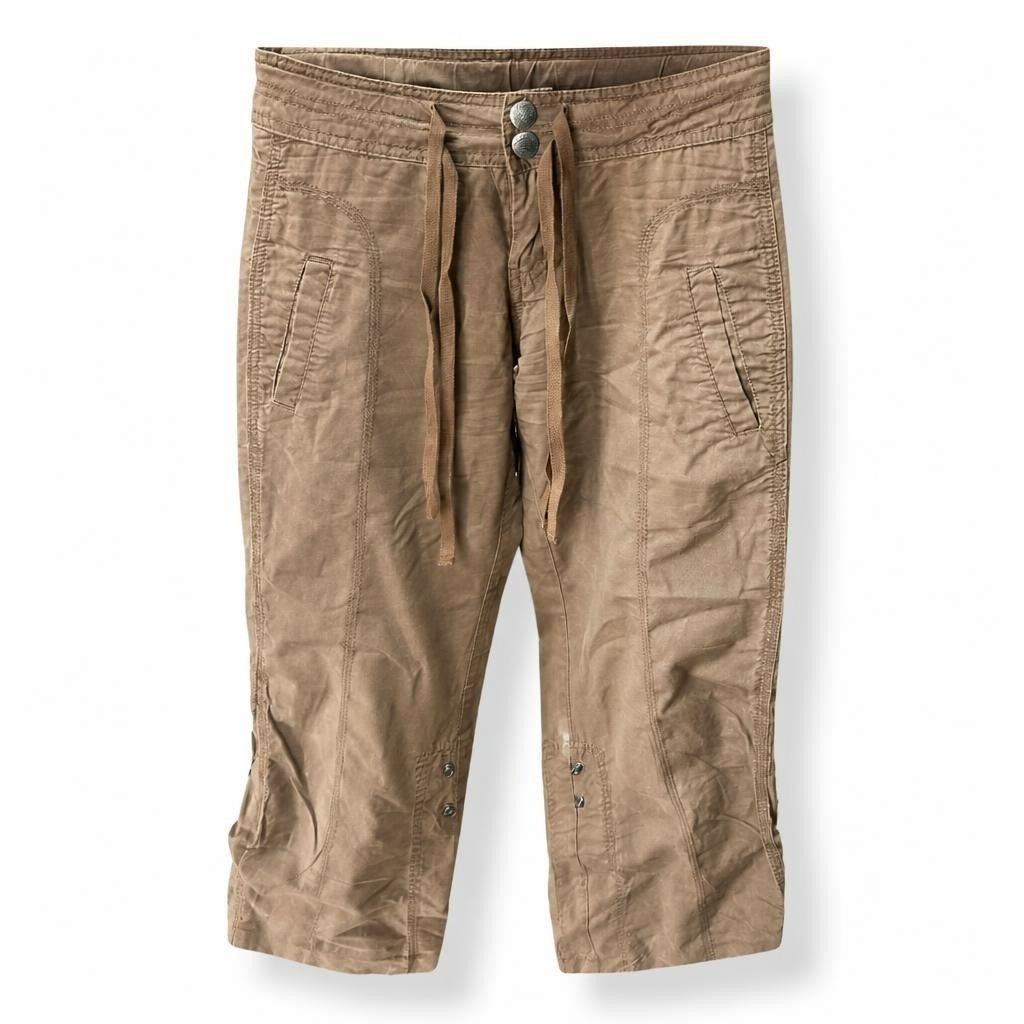 Brown drawstring casual pants, snap hem - white studio shot, second-hand at Why Go Less, Dekwaneh, Lebanon