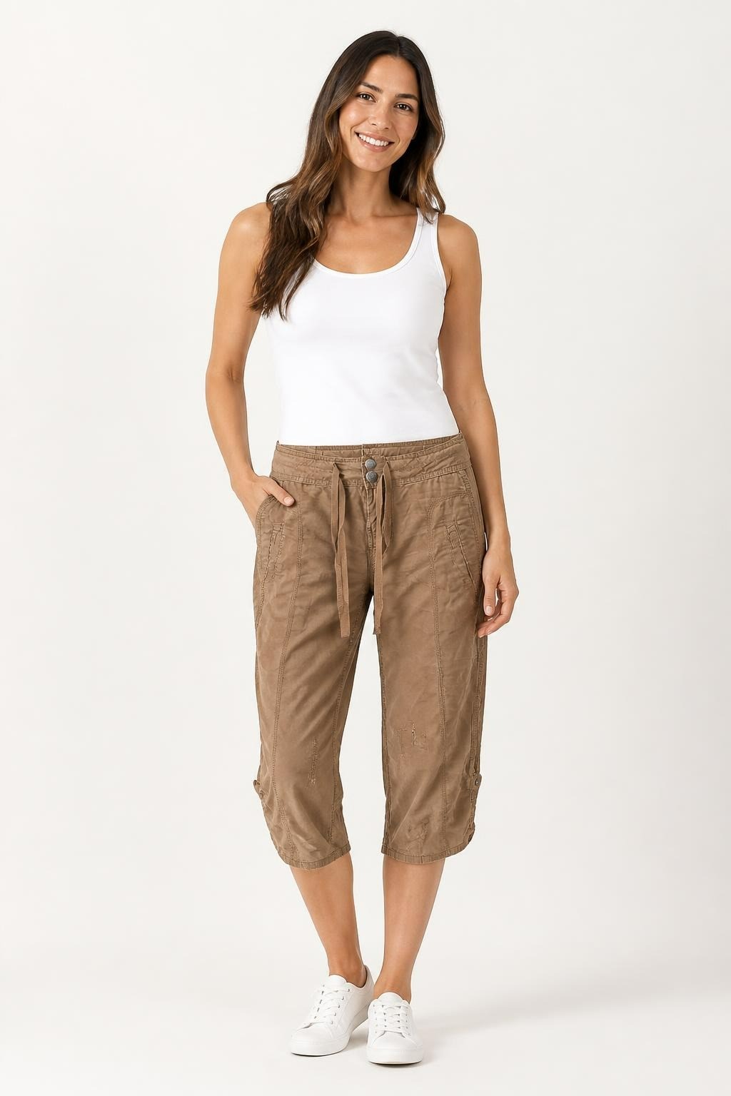 Brown Drawstring Casual Pants With Snap Hem | Pre-Loved | Why Go Less