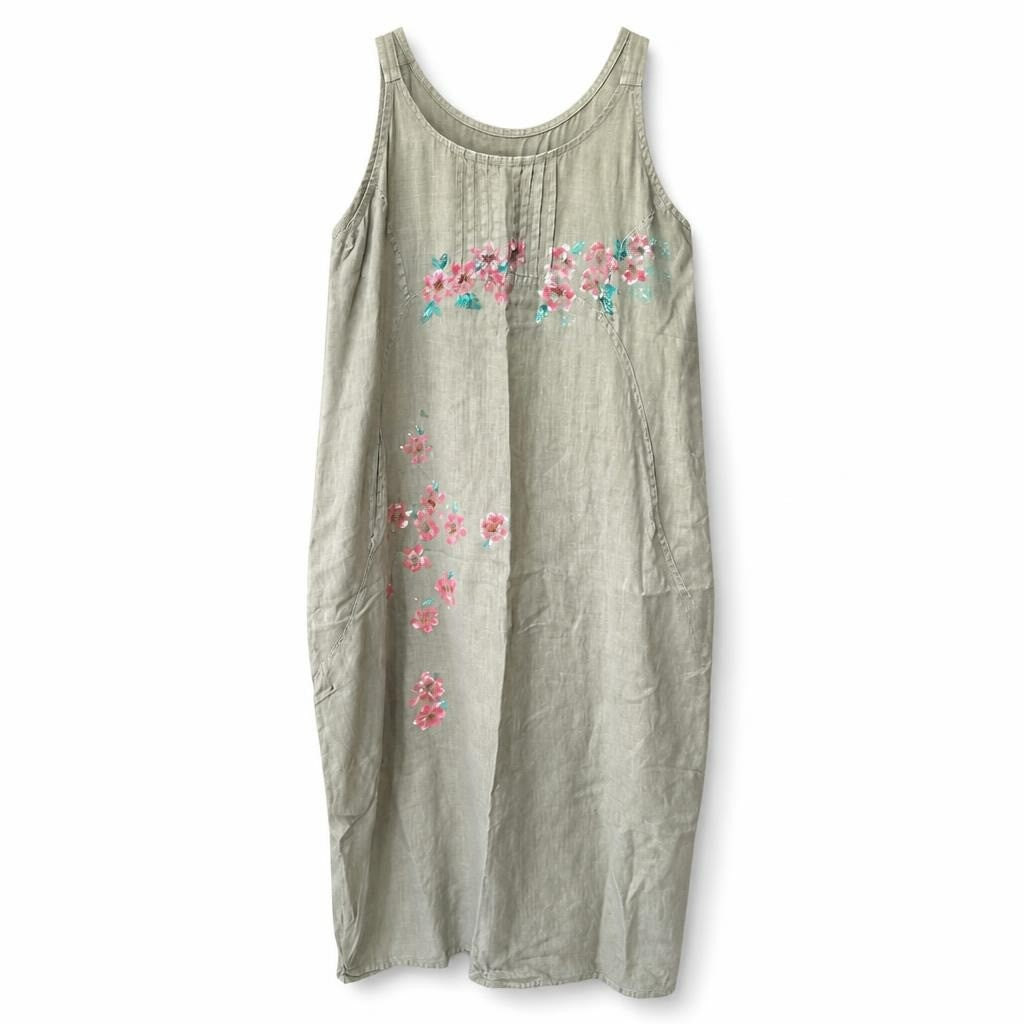 Miss Cotton sage linen maxi dress floral - white studio shot, second-hand at Why Go Less, Dekwaneh, Lebanon