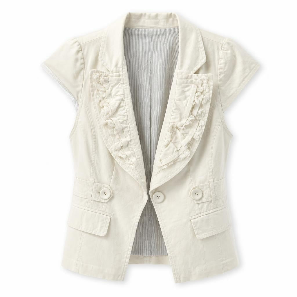 Cream embroidered ruffle blazer, floral detail - white studio shot, second-hand at Why Go Less, Dekwaneh, Lebanon
