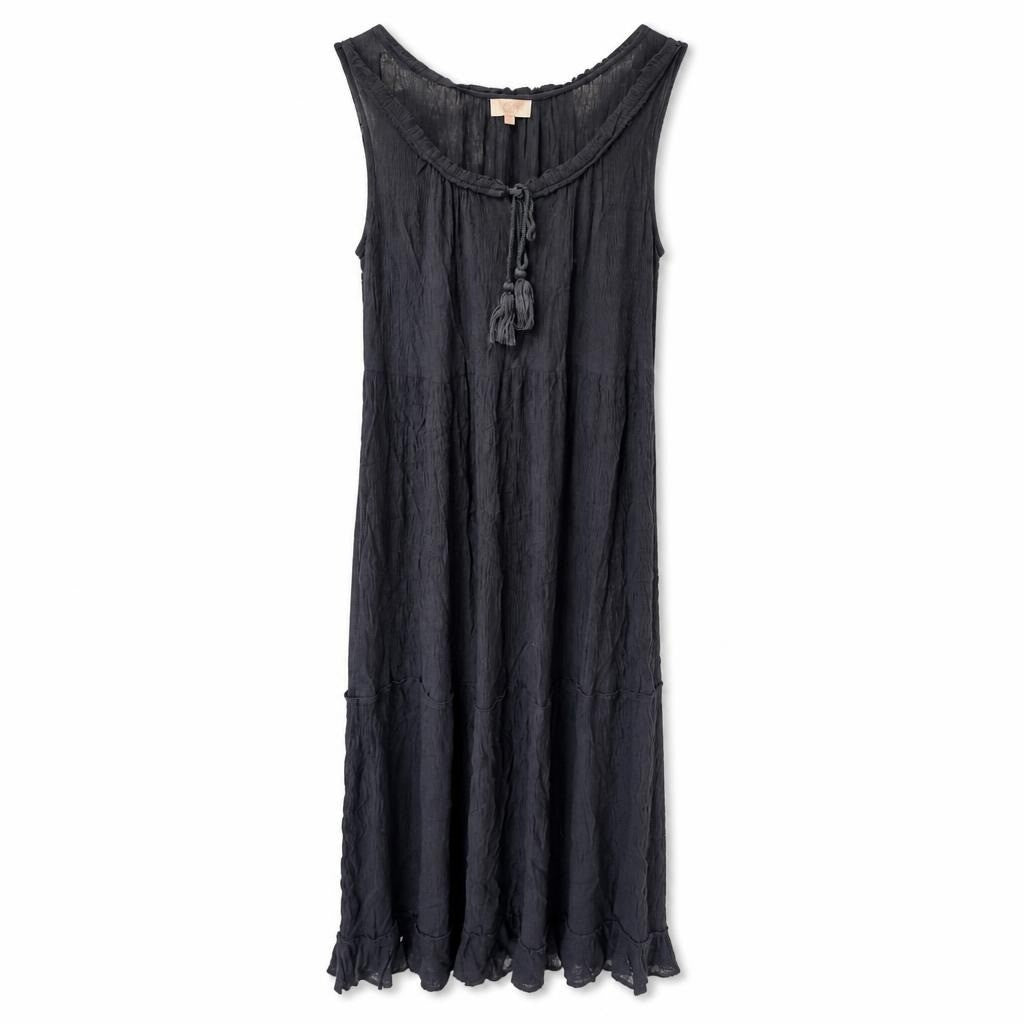 Black crinkle maxi dress, tassel tie neck - white studio shot, second-hand at Why Go Less, Dekwaneh, Lebanon