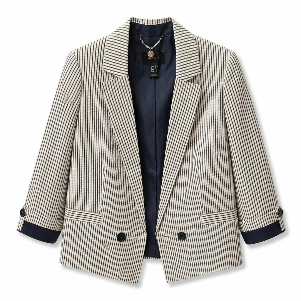 Mango Suit striped blazer, navy lining - white studio shot, second-hand at Why Go Less, Dekwaneh, Lebanon