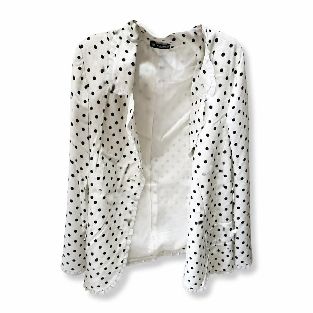 Nadine polka dot ruffle blazer, white/black - white studio shot, second-hand at Why Go Less, Dekwaneh, Lebanon