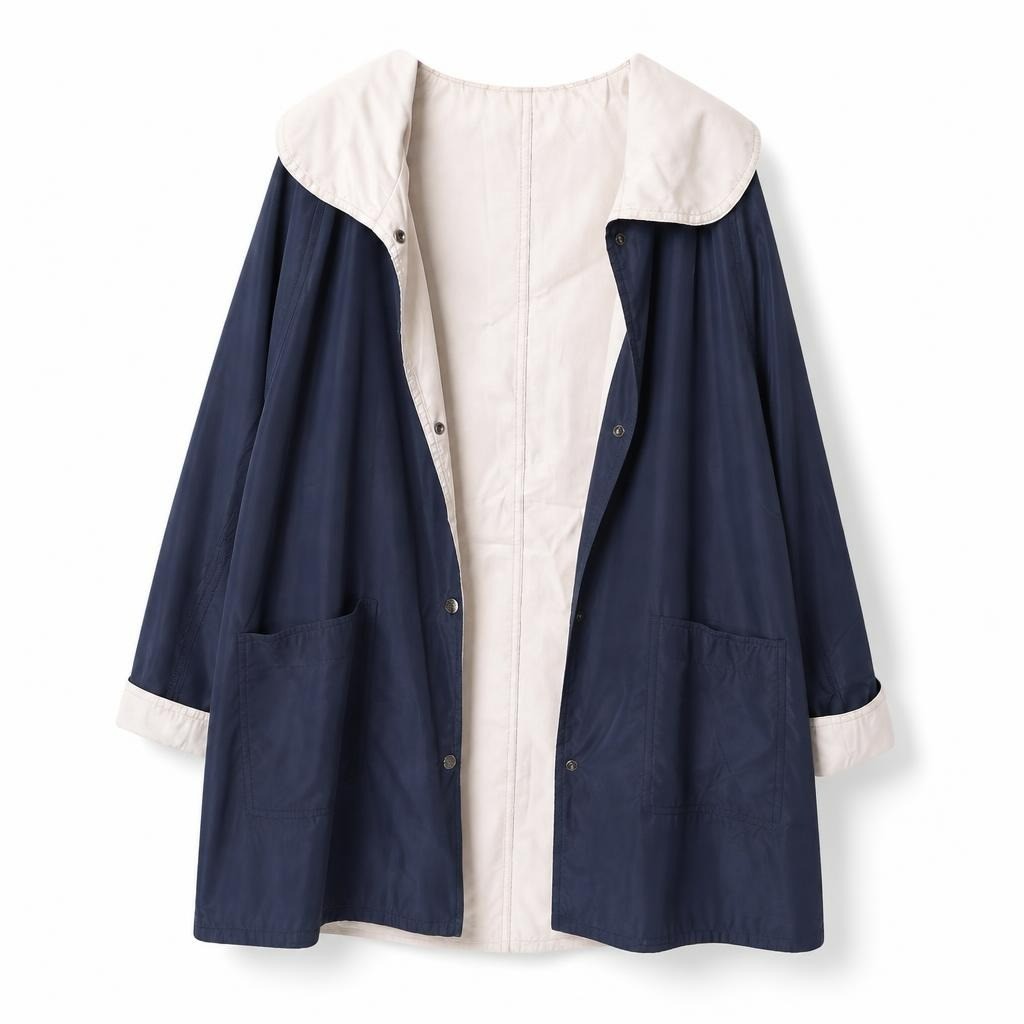 Navy reversible rain coat, cream lining, adult - white studio shot, second-hand at Why Go Less, Dekwaneh, Lebanon