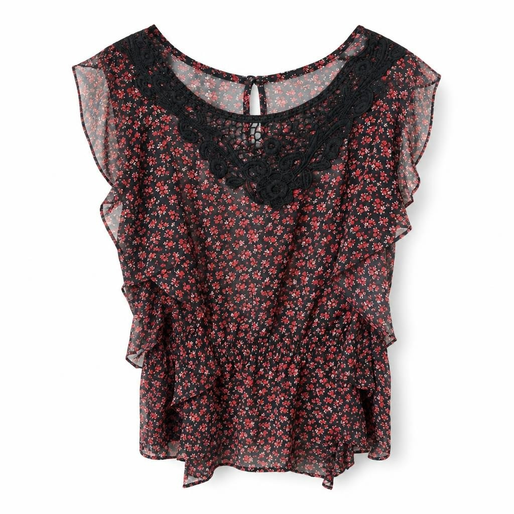 Twentyone floral black-red lace blouse, sheer - white studio shot, second-hand at Why Go Less, Dekwaneh, Lebanon