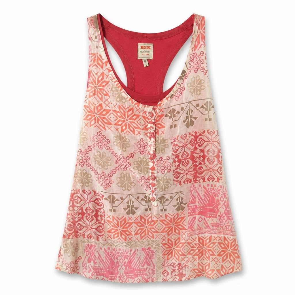 BSK by Bershka patterned tank top, pink, S - white studio shot, second-hand at Why Go Less, Dekwaneh, Lebanon