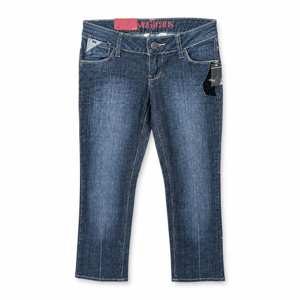 MNG Jeans low-rise skinny jeans, blue denim - white studio shot, second-hand at Why Go Less, Dekwaneh, Lebanon