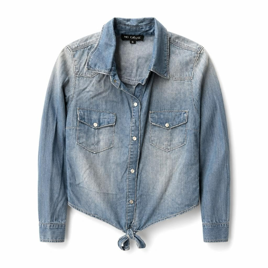 No Excuse denim snap-button shirt, light blue, size XL - white studio shot, second-hand at Why Go Less, Dekwaneh, Lebanon