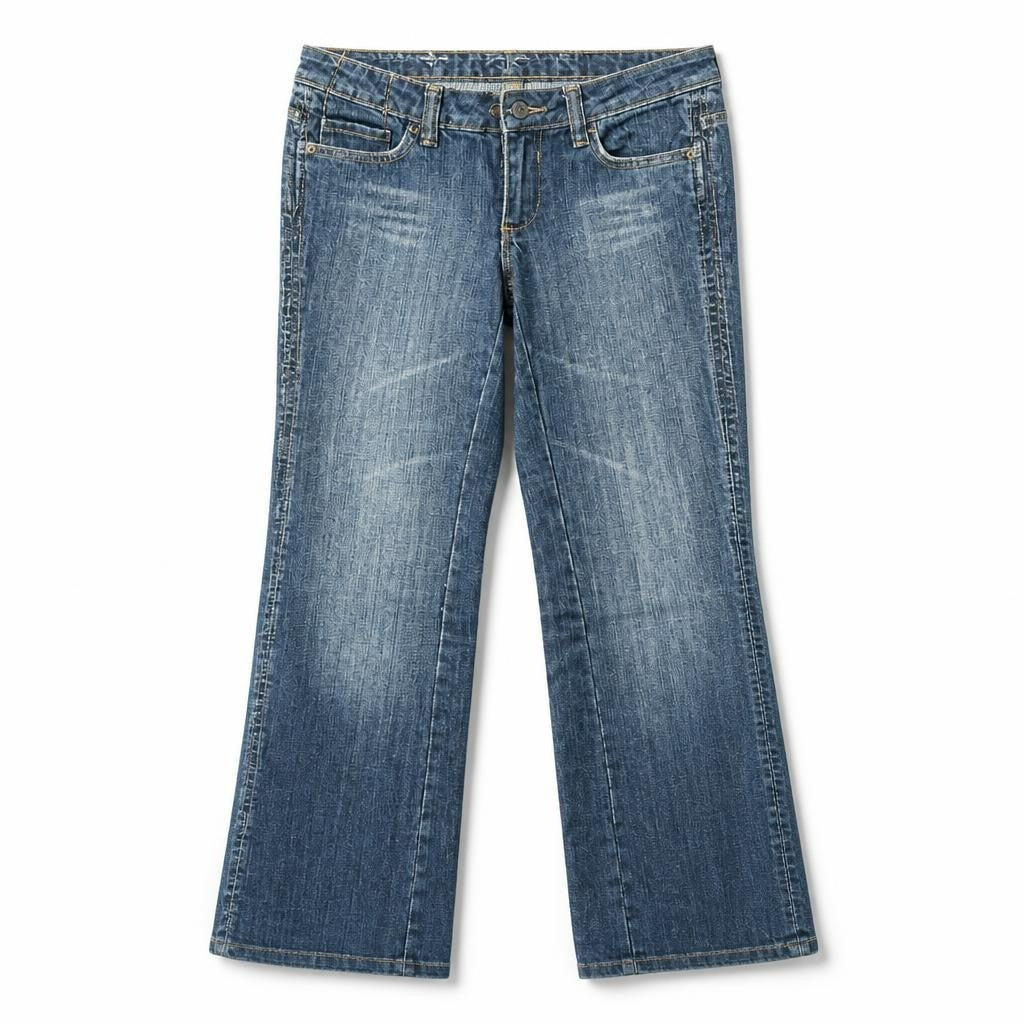 MNG Jeans low-rise bootcut jeans, medium blue wash - white studio shot, second-hand at Why Go Less, Dekwaneh, Lebanon