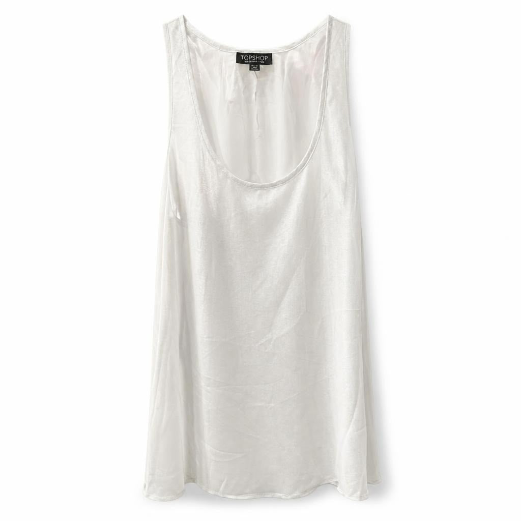 Topshop silver satin sleeveless tank top, size M - white studio shot, second-hand at Why Go Less, Dekwaneh, Lebanon