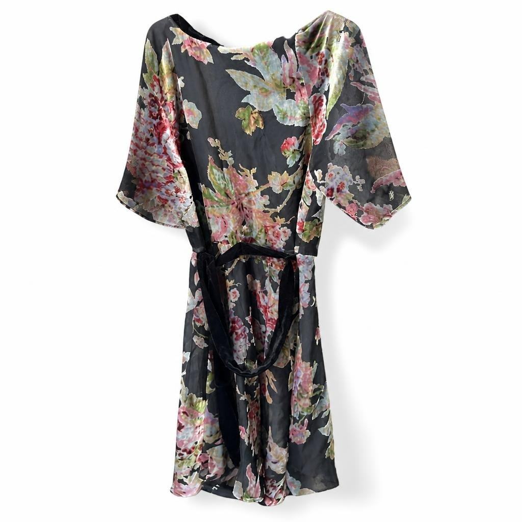 Black floral print chiffon midi dress with tie waist - white studio shot, second-hand at Why Go Less, Dekwaneh, Lebanon