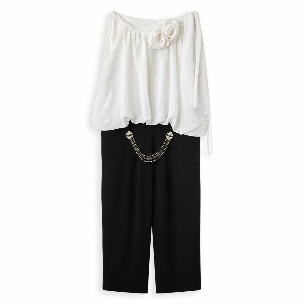 White bubble top with rose detail & chain - white studio shot, second-hand at Why Go Less, Dekwaneh, Lebanon