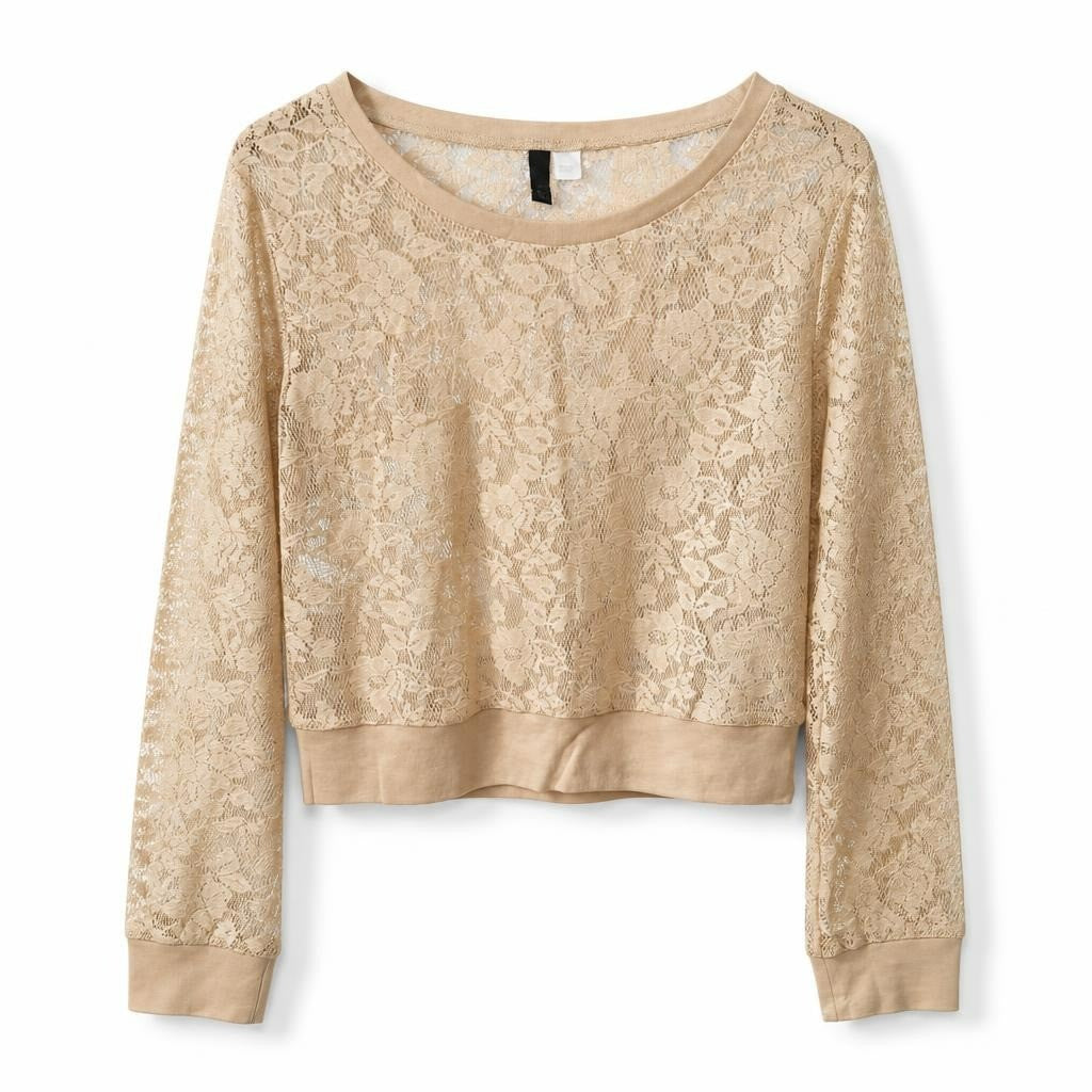 H&M beige lace crop long-sleeve top sz 10 - white studio shot, second-hand at Why Go Less, Dekwaneh, Lebanon