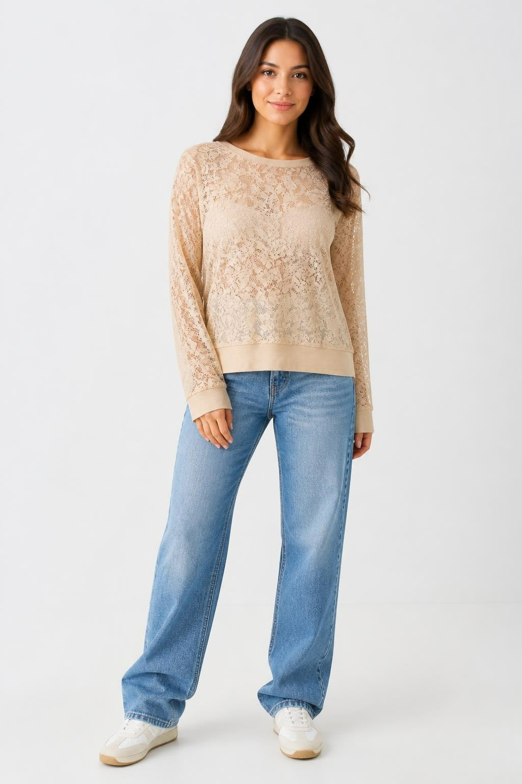 H&M Beige Lace Crop Long-sleeve Top Sz 10 | Pre-Loved | Why Go Less