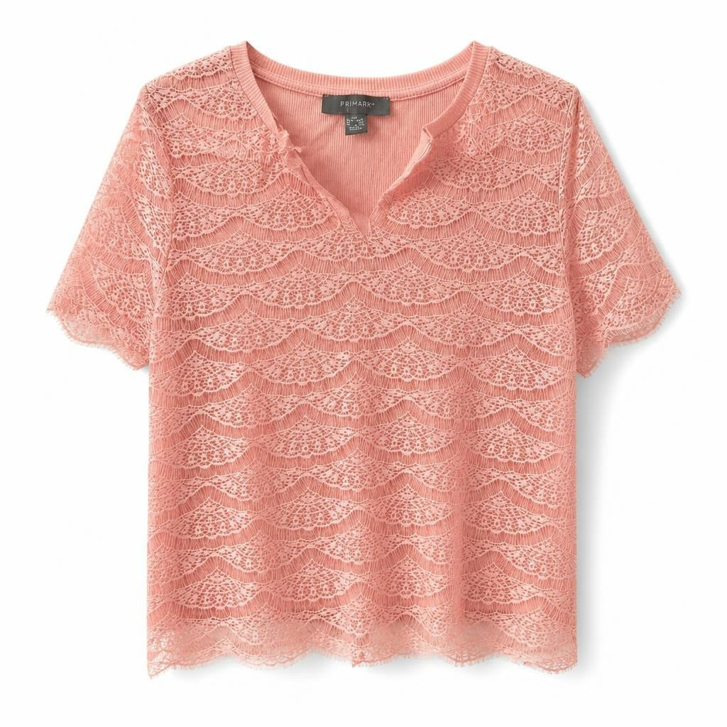 Primark pink lace V-neck short sleeve top - white studio shot, second-hand at Why Go Less, Dekwaneh, Lebanon